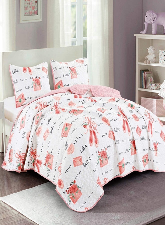 WPM WORLD PRODUCTS MART Pink White Ballet Theme Kids Quilt Set Full Size Princess Design Toddler Quilt for Toddler Bed Quilted Ballerina Style Bedspread Coverlet with Pillow Sham (Ballerina, Full) - Image 1