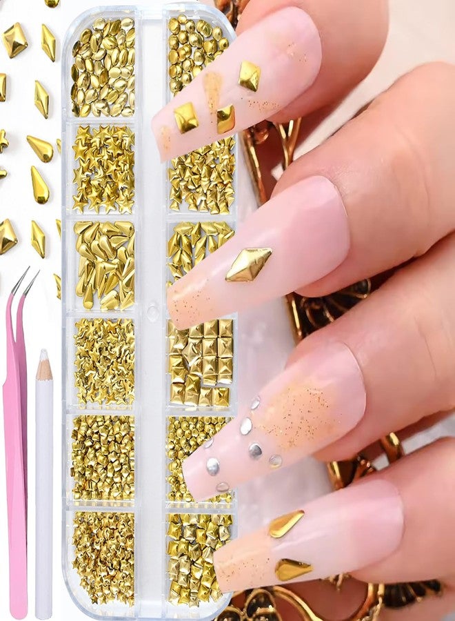 HYWWPFLAY 12 Grids Metal Gold Nail Art Studs, Mixed Shaped - Star, Square, Circle, Water Droplet, Oval 3D Nail Charms, Alloy Nail Rivets Jewelry for Women Goth Manicure Accessories DIY Decorations - Image 1