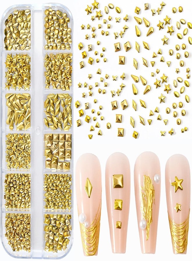 HYWWPFLAY 12 Grids Metal Gold Nail Art Studs, Mixed Shaped - Star, Square, Circle, Water Droplet, Oval 3D Nail Charms, Alloy Nail Rivets Jewelry for Women Goth Manicure Accessories DIY Decorations - Image 2