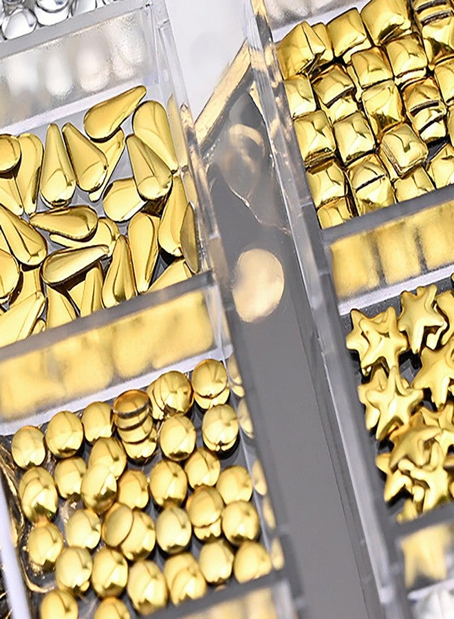 HYWWPFLAY 12 Grids Metal Gold Nail Art Studs, Mixed Shaped - Star, Square, Circle, Water Droplet, Oval 3D Nail Charms, Alloy Nail Rivets Jewelry for Women Goth Manicure Accessories DIY Decorations - Image 4