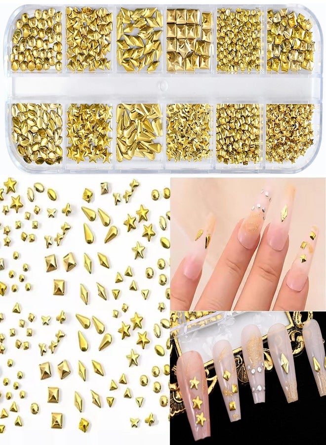 HYWWPFLAY 12 Grids Metal Gold Nail Art Studs, Mixed Shaped - Star, Square, Circle, Water Droplet, Oval 3D Nail Charms, Alloy Nail Rivets Jewelry for Women Goth Manicure Accessories DIY Decorations - Image 5