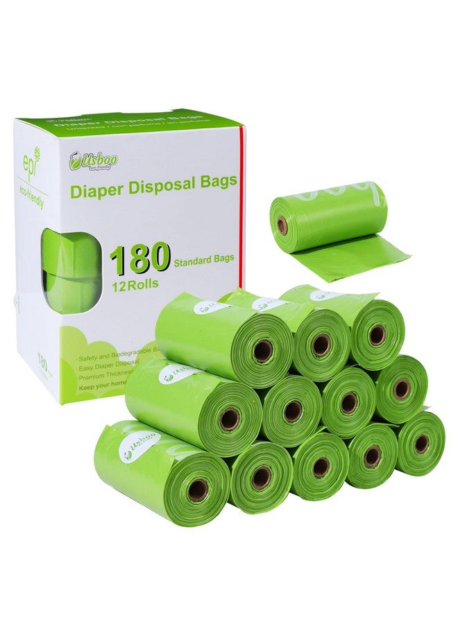 USBOO Diaper Bags Disposable for Baby, 12 Refill Rolls/180 Bags OXO-Biodegradable Waste Bags,Dirty Disposable Diaper Bags,Diaper Trash Bags,Green - Image 1