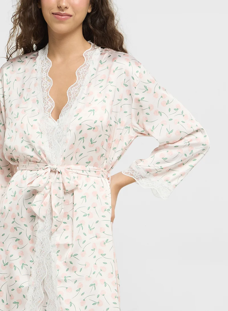 Ginger 2 Pc Lace Trim Floral Satin Robe With Slip Dress