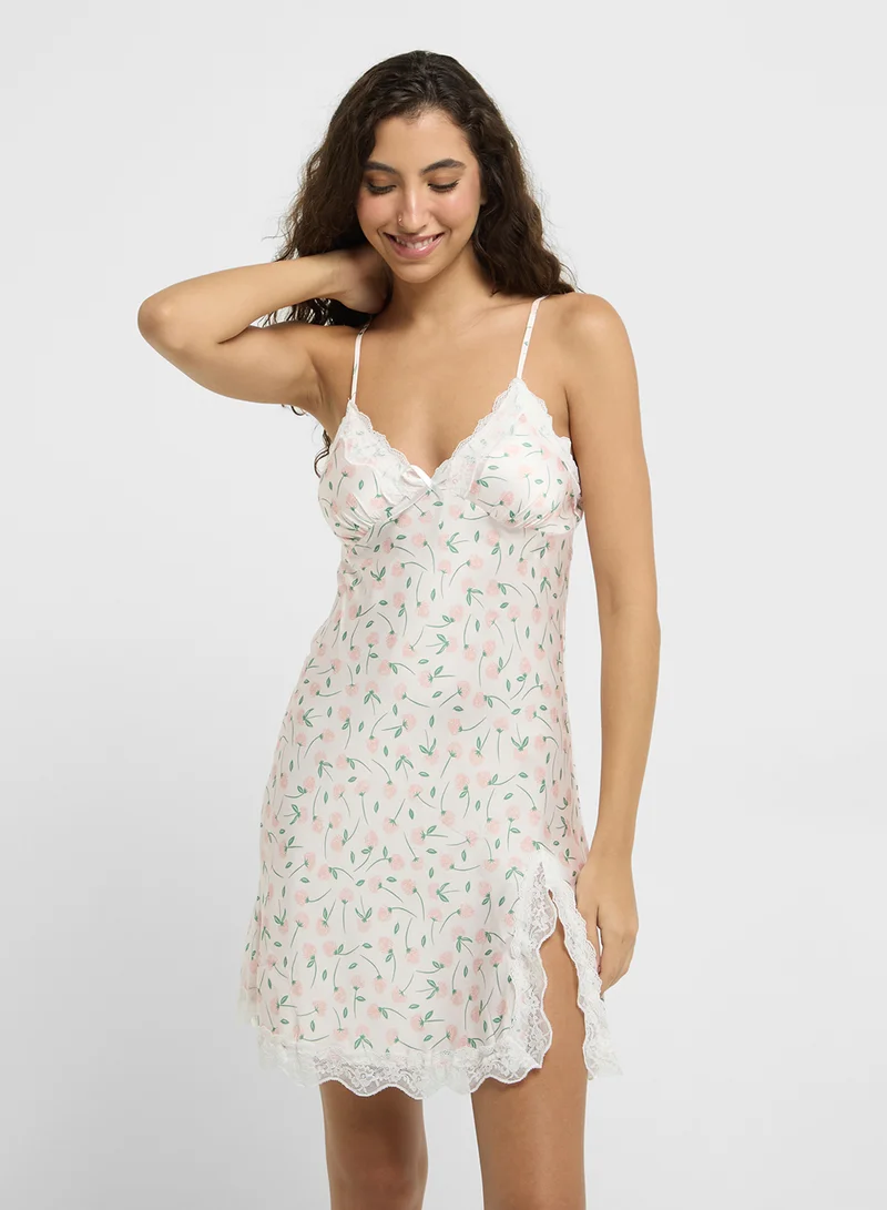 Ginger 2 Pc Lace Trim Floral Satin Robe With Slip Dress