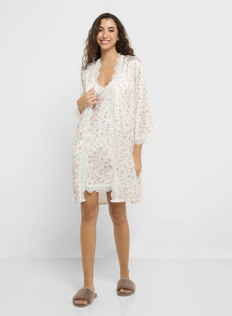 Ginger 2 Pc Lace Trim Floral Satin Robe With Slip Dress