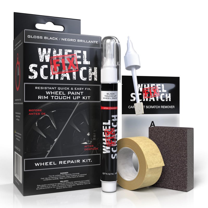 Wheel Scratch Fix طلاء تصحيح خدوش العجلات® أسود لامع للسيارات - مجموعة إصلاح عجلات سبائك DIY، مزيل خدوش الرصيف مع قلم سريع الجفاف - طلاء جنط السيارة بلمسة نهائية دائمة من OEM للخدوش والرقائق في المنزل (أسود لامع) - Image 1