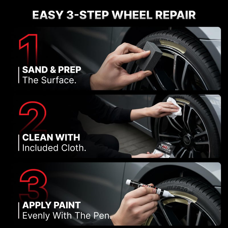 Wheel Scratch Fix طلاء تصحيح خدوش العجلات® أسود لامع للسيارات - مجموعة إصلاح عجلات سبائك DIY، مزيل خدوش الرصيف مع قلم سريع الجفاف - طلاء جنط السيارة بلمسة نهائية دائمة من OEM للخدوش والرقائق في المنزل (أسود لامع) - Image 4