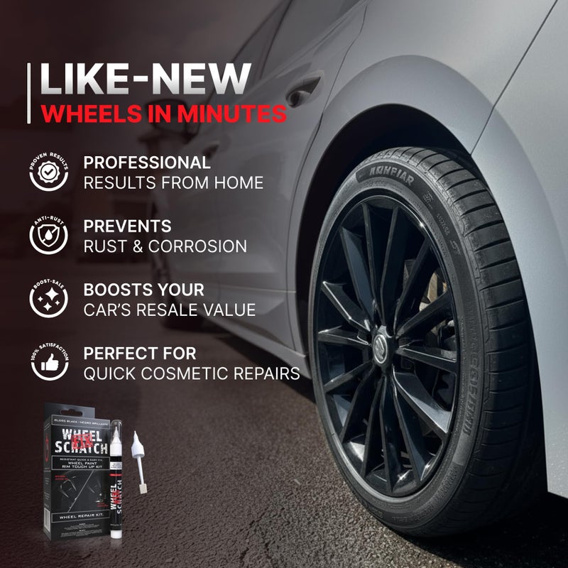 Wheel Scratch Fix طلاء تصحيح خدوش العجلات® أسود لامع للسيارات - مجموعة إصلاح عجلات سبائك DIY، مزيل خدوش الرصيف مع قلم سريع الجفاف - طلاء جنط السيارة بلمسة نهائية دائمة من OEM للخدوش والرقائق في المنزل (أسود لامع) - Image 3
