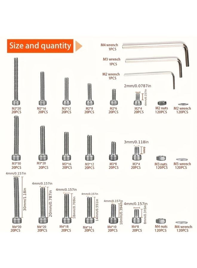 1080pcs Assorted Screws Nuts Washers Set Metric 304 Stainless Steel M2 M3 M4 Hex Bolts Flat Washers Home Renovation Hardware Kit - Image 4