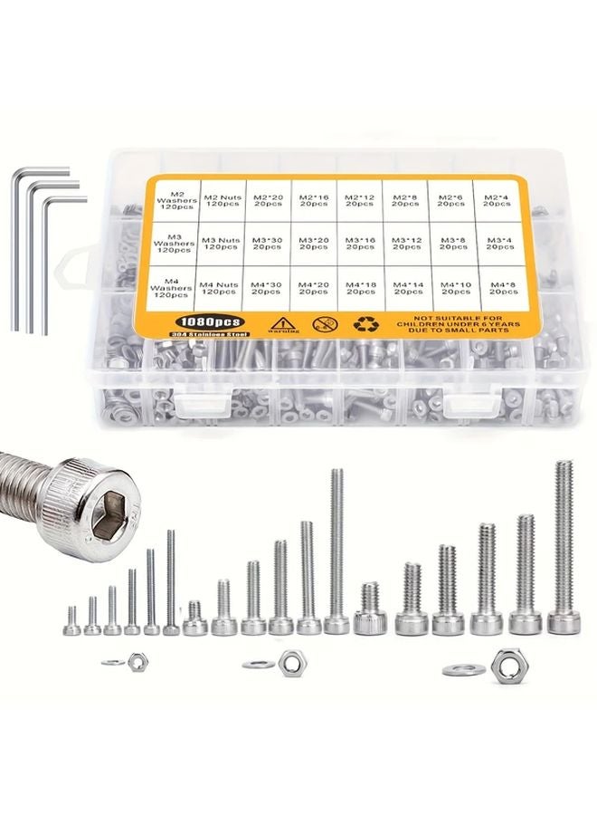 1080pcs Assorted Screws Nuts Washers Set Metric 304 Stainless Steel M2 M3 M4 Hex Bolts Flat Washers Home Renovation Hardware Kit - Image 1