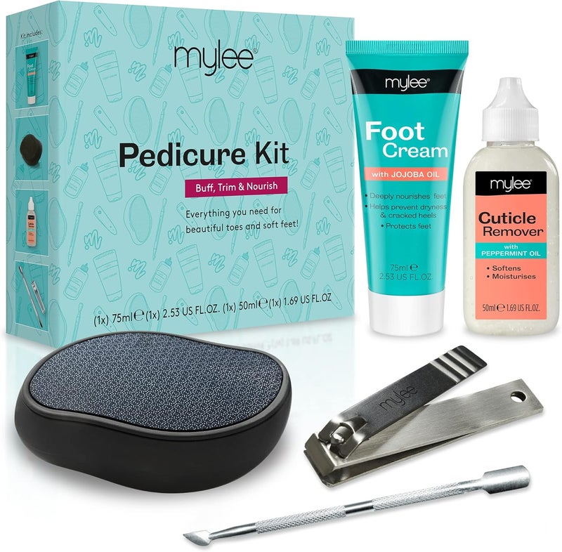 Mylee Pedicure Kit 5 Piece Set with Crystal Fool File Foot Cream Cuticle Remover Metal Cuticle Pusher and Large Nail Clippers Dry Dead or Hard Skin Removal Suitable for Salon and Home Use
