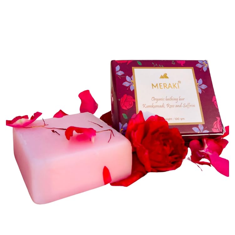 Meraki بار الاستحمام العضوي MERAKI - كومكومادي، ورد، وزعفران لبشرة متألقة | صابون عشبي أيورفيدي | صابون لتفتيح وترطيب البشرة للوجه والجسم 100 جرام - Image 1