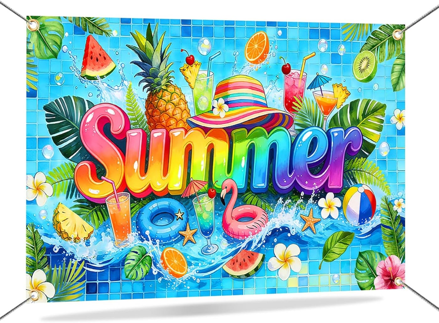 Al Raied Al Raied Hello Summer Backdrop Banner - Tropical Fruit Pool Party Decorations - 6x4 Feet
