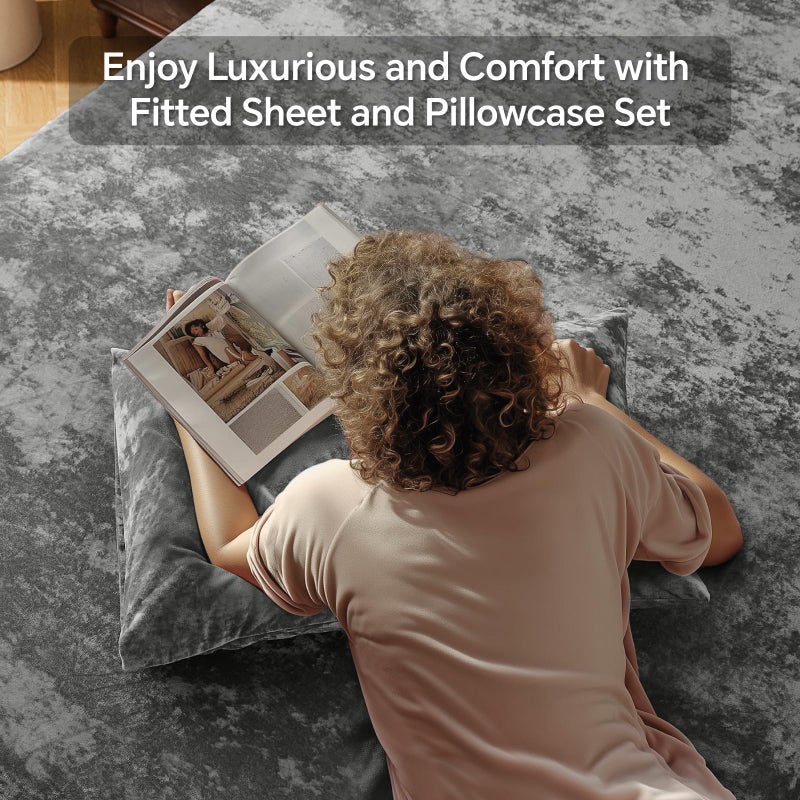 BEDELITE Velvet Fitted Sheet and Pillowcase Set, Luxury Soft Fuzzy Bottom Sheet with Reinforced Elastic Corner Straps, Deep Pocket up to 15 Inch, 1 Fitted Sheet and 1 Pillowcase (Twin, Grey) - Image 2
