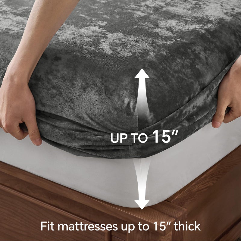 BEDELITE Velvet Fitted Sheet and Pillowcase Set, Luxury Soft Fuzzy Bottom Sheet with Reinforced Elastic Corner Straps, Deep Pocket up to 15 Inch, 1 Fitted Sheet and 1 Pillowcase (Twin, Grey) - Image 5