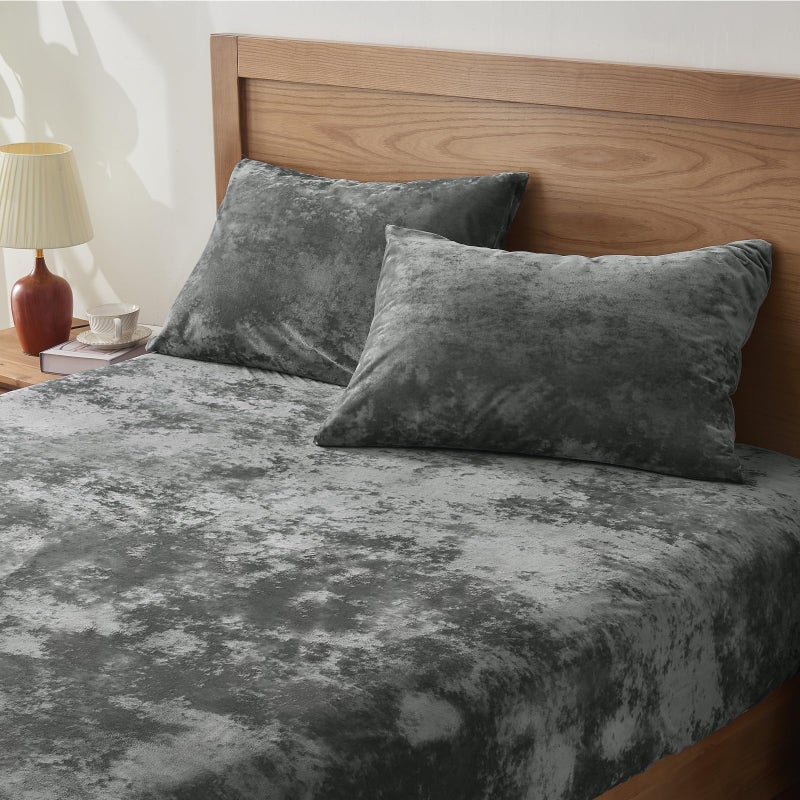 BEDELITE Velvet Fitted Sheet and Pillowcase Set, Luxury Soft Fuzzy Bottom Sheet with Reinforced Elastic Corner Straps, Deep Pocket up to 15 Inch, 1 Fitted Sheet and 1 Pillowcase (Twin, Grey) - Image 1