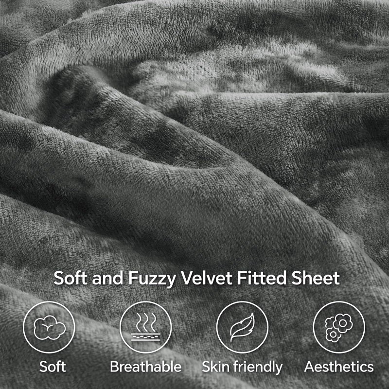 BEDELITE Velvet Fitted Sheet and Pillowcase Set, Luxury Soft Fuzzy Bottom Sheet with Reinforced Elastic Corner Straps, Deep Pocket up to 15 Inch, 1 Fitted Sheet and 1 Pillowcase (Twin, Grey) - Image 3