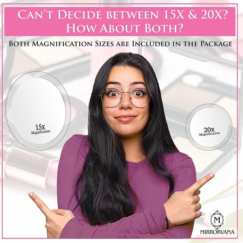 ميرورفانا مجموعة مرآة مكبرة 20X و15X من Mirrorvana مع 3 أكواب شفط لكل منها - مرآة صغيرة الحجم وجاهزة للسفر للمكياج - المقاسات: 6 بوصات و4 بوصات عرض - Image 5