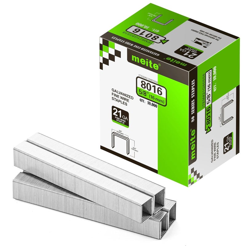 Meite 21 Gauge 1/2-Inch Crown with 5/8-Inch Length Upholstery Staples Galvanized Fine Wire Staples Compatible for MT8016 Stapler (10,000 Pcs/Box) - Image 1