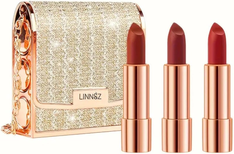 LINNSZ Luxury Lipstick Gift Set with Glitter Chain Bag 3 Matte Shades in Rose Gold Cases Retro Red Rotten Tomatoes Burgundy 35g x 3 Pieces