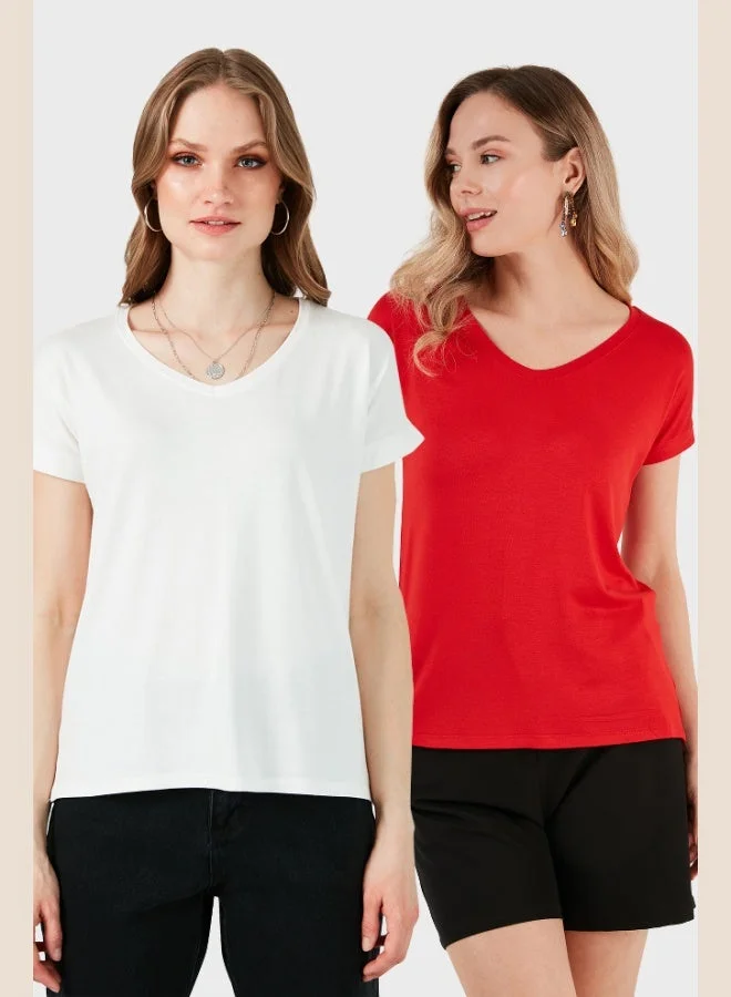 Lela Lela V-Neck Relaxed Fit Slit Detailed 2-Pack Blouse Women's BLOUSE 5862000S2