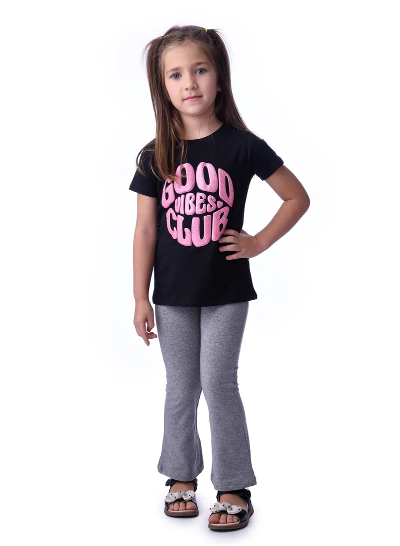 Victor And Jane Girls’ 2-Piece Outfit Set - (2-8 Years)Tee & Flared Legging - Black & Grey