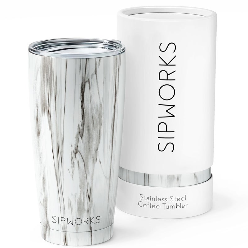 Sipworks Coffee Tumblers with Lids - 20z Stainless Steel Coffee Tumbler with Double Walled Vacuum Insulation for Hot & Cold Drinks - Spill Resistant Travel Insulated Coffee Tumbler - White Marble - Image 1
