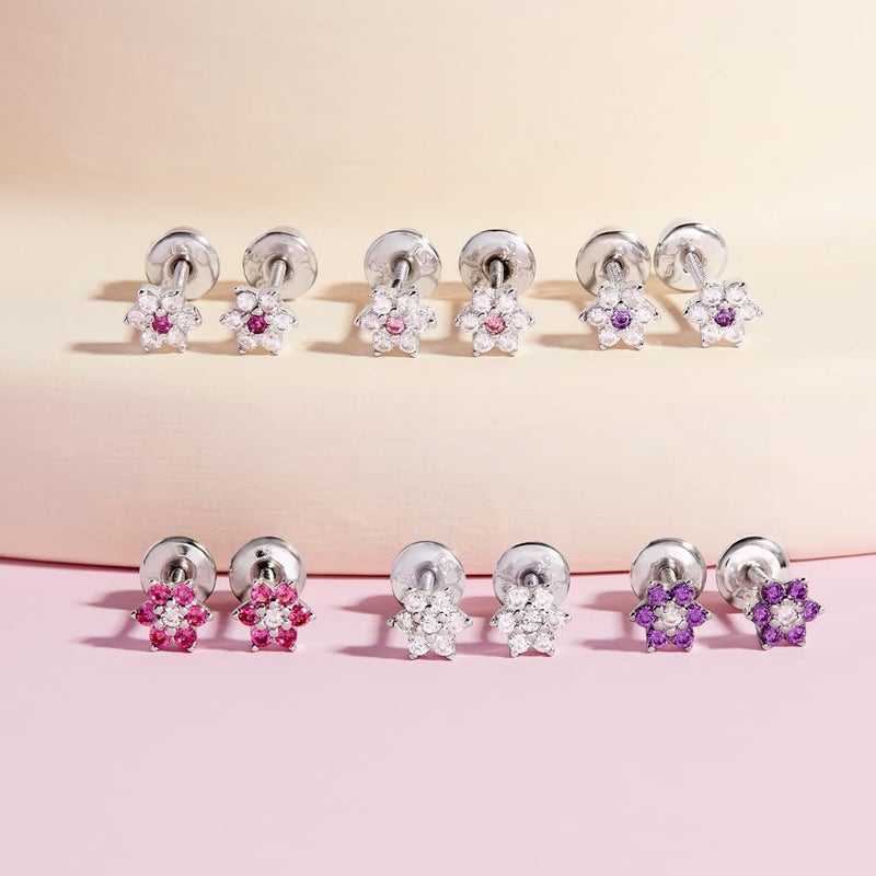 In Season Jewelry أقراط زهور وردية وشفافة من الفضة الإسترلينية عيار 925 بحجم 5 مم مع قفل أمان للأطفال الصغار - Image 5