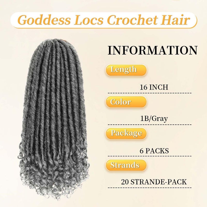 MODERN QUEEN Goddess Locs Crochet Hair 6 Packs, 16 Inch Straight Faux Locs Crochet Braids, Pre-Looped Curly Soft Synthetic Ombre Braiding Hair Extensions for Black Women(16 Inch, 6 Packs, 1B/Gray#) - Image 2