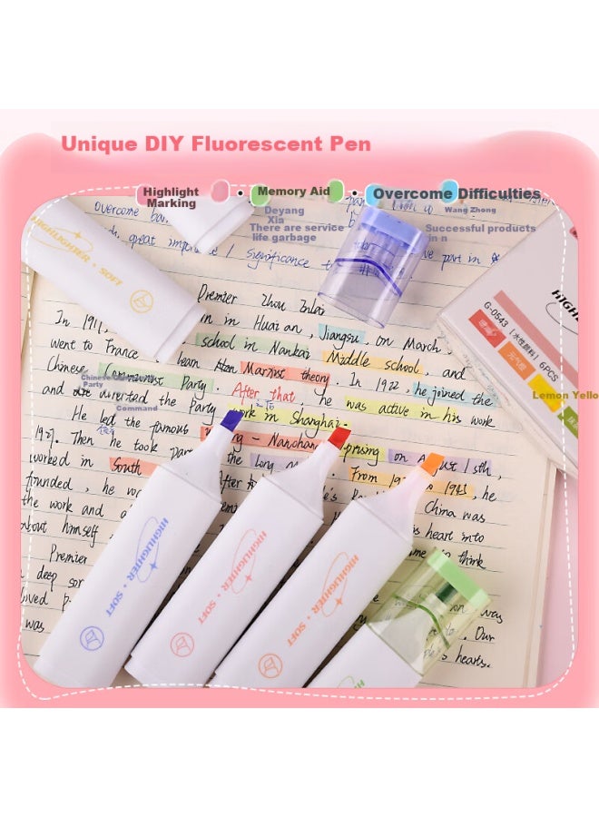 Genvana 6-Color Soft Tip Highlighter Set For Children'S Day Gift Flat Pen For Note-Taking Reviewing Journaling Back-To-School Supplies Handwriting Drawing Marker G-0543 - Image 2
