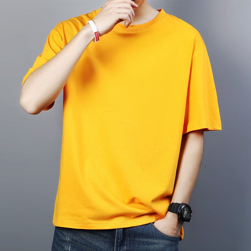 Men'S Short-Sleeved T-Shirt Ins Hong Kong Style Solid Color Round Neck Loose Youth Cotton T-Shirt Bottoming Shirt Men - Image 1