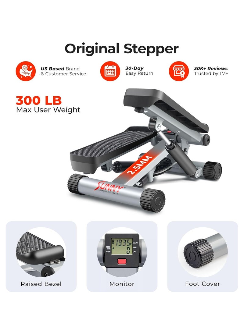 Sunny Health & Fitness - Mini Stepper for Exercise Low-Impact Stair Step Cardio Equipment with Resistance Bands, Digital Monitor, Optional Twist Motion Stepper, Black - Image 1