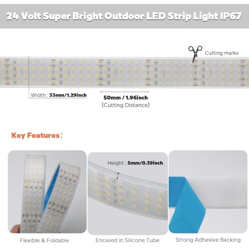 SuperlightingLED Quad Row Bright Outdoor IP67 Waterproof LED Light Strip 5M, 24V 2400 LEDs 17,650 lm/Roll High Output 6000K Daylight White CRI90+ 2835SMD 33mm Wide LED Strip Light with Adhesive (5m/16.4ft 6000K IP67) - Image 2