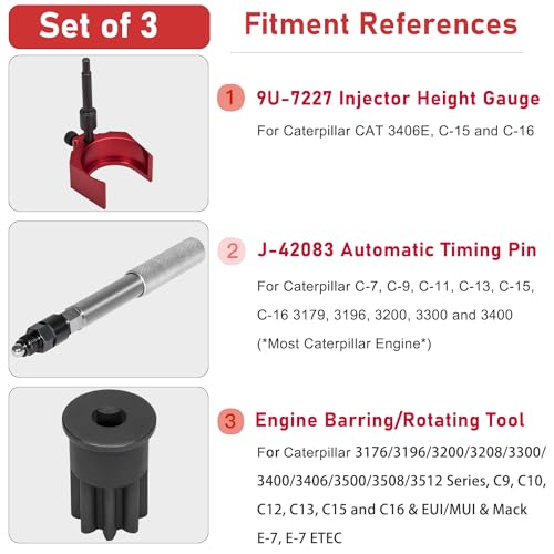 Camoo For Caterpillar J-42083 Automatic Timing Pin, 9U-7227 Injector Height Adjustment Gauge Tool & Engine Barring Socket Fits CAT 3406E, C-15 and C-16(Set of 3) - Image 2