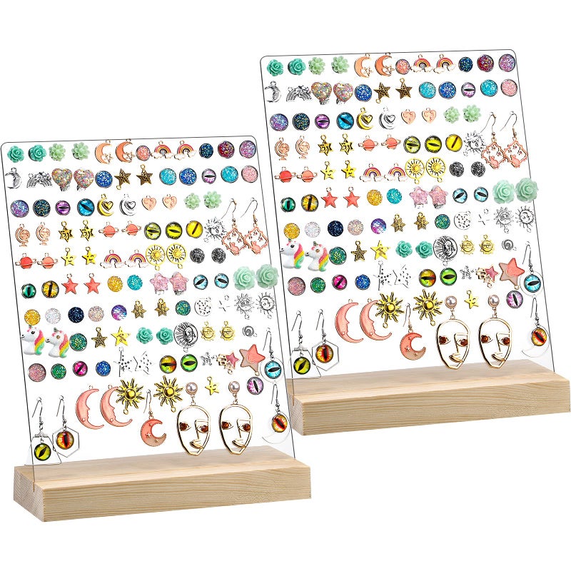 BEST MEDIA Acrylic Earrings Holder Display Pegboards with Wood Bases, a Transparent Ear Studs Display Stand for any Jewelry Showcase- 120 Holes - Modern - 2 Pieces - Transparent