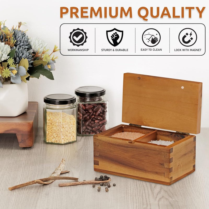 DEMIGO Acacia Wood Salt Cellar with Magnetic Flip Lid - 20 oz Large Capacity Salt Box for Kitchen - Keeps Spices, Herbs & Seasonings Fresh (Natural Brown) - Image 3