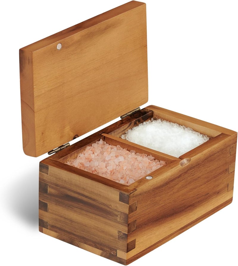 DEMIGO Acacia Wood Salt Cellar with Magnetic Flip Lid - 20 oz Large Capacity Salt Box for Kitchen - Keeps Spices, Herbs & Seasonings Fresh (Natural Brown) - Image 1