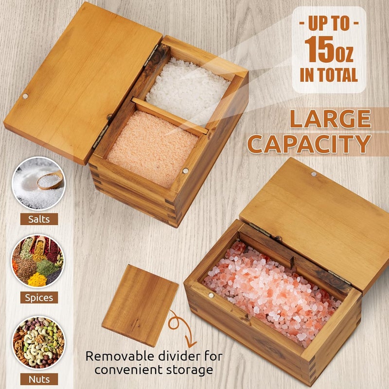 DEMIGO Acacia Wood Salt Cellar with Magnetic Flip Lid - 20 oz Large Capacity Salt Box for Kitchen - Keeps Spices, Herbs & Seasonings Fresh (Natural Brown) - Image 4