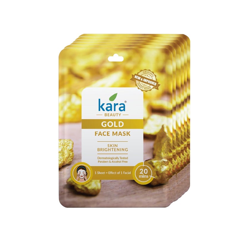 Kara Beauty Gold Facial Sheet Mask Pack of 6 Radiance Brightening Formula Dermatologically Tested Alcohol Paraben Free 20Minute Treatment - Image 1