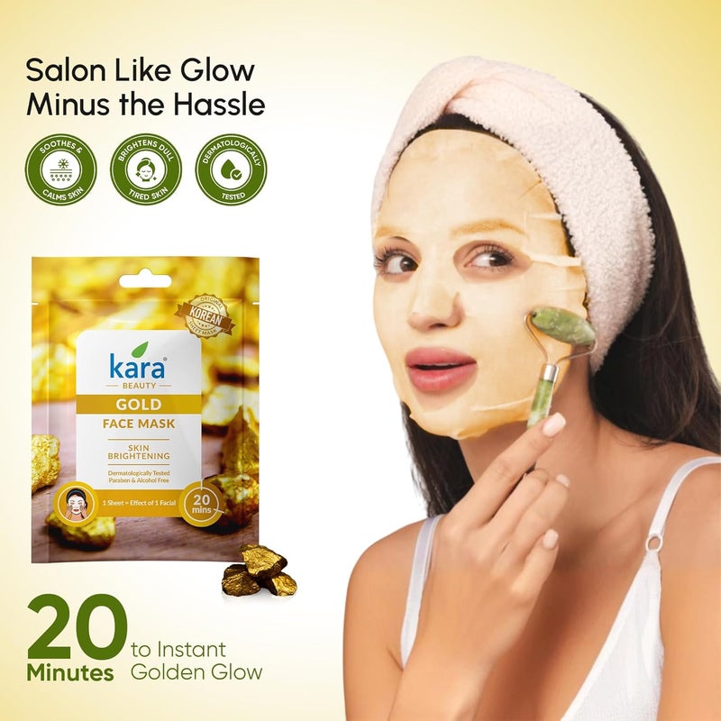 Kara Beauty Gold Facial Sheet Mask Pack of 6 Radiance Brightening Formula Dermatologically Tested Alcohol Paraben Free 20Minute Treatment - Image 3