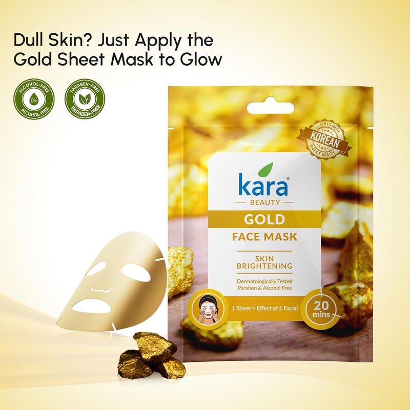 Kara Beauty Gold Facial Sheet Mask Pack of 6 Radiance Brightening Formula Dermatologically Tested Alcohol Paraben Free 20Minute Treatment - Image 2