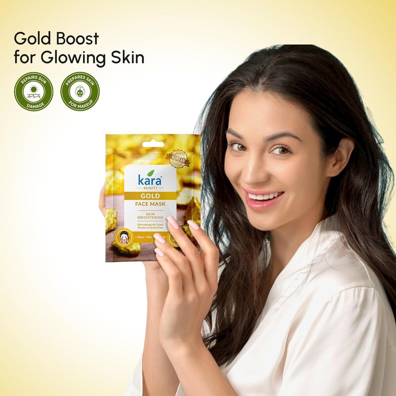 Kara Beauty Gold Facial Sheet Mask Pack of 6 Radiance Brightening Formula Dermatologically Tested Alcohol Paraben Free 20Minute Treatment - Image 5