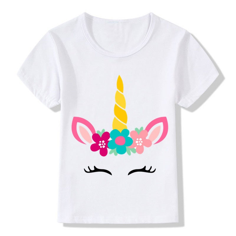 Adult children eyelash ears unicorn horn printed white T-shirt short sleeve women's wish/ - Image 1