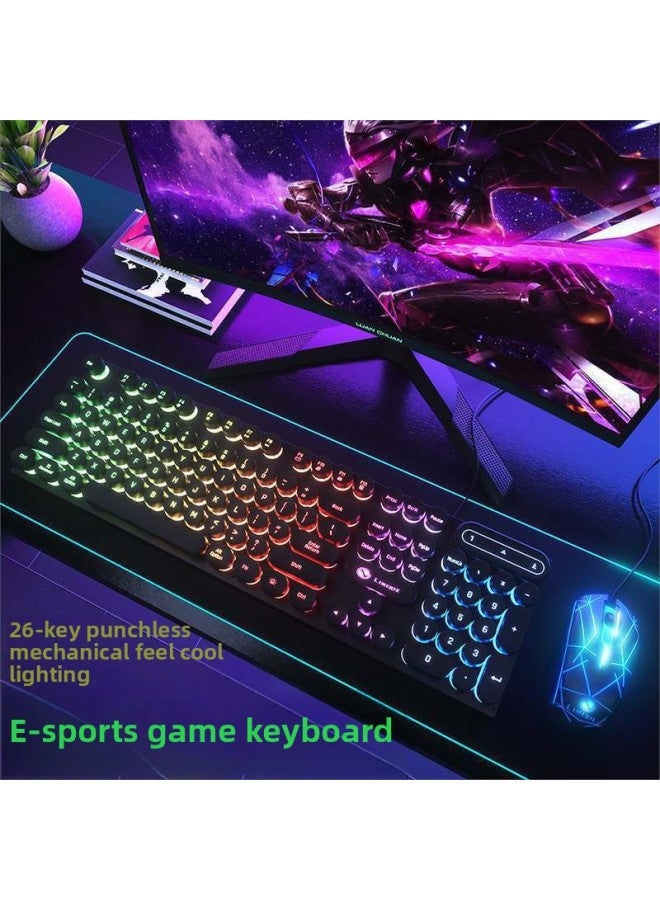 Wired Round Key Retro Keyboard Mouse Suit USB Mechanical Feel Notebook Desktop Computer Game Office Communication-Color:Mixed Light Round Cap Flagship Character Light + E-sports Mouse