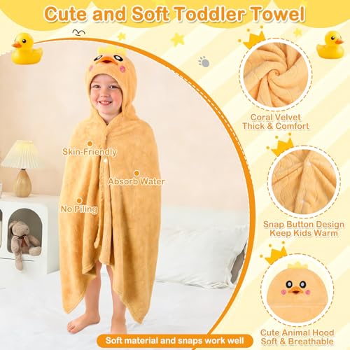 Flasoo 4 Pcs Toddler Bath Towel Set, 1 Pc Toddler Hooded Towel & 3 Pcs Baby Washcloths, Large 27.5"X55" Hooded Towels Kids, Absorbent Soft Thick Toddler Towels for Boy Girl 0-5 Year (Yellow Duck) - Image 4