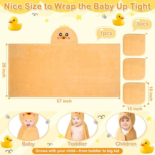 Flasoo 4 Pcs Toddler Bath Towel Set, 1 Pc Toddler Hooded Towel & 3 Pcs Baby Washcloths, Large 27.5"X55" Hooded Towels Kids, Absorbent Soft Thick Toddler Towels for Boy Girl 0-5 Year (Yellow Duck) - Image 3
