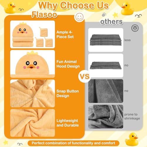 Flasoo 4 Pcs Toddler Bath Towel Set, 1 Pc Toddler Hooded Towel & 3 Pcs Baby Washcloths, Large 27.5"X55" Hooded Towels Kids, Absorbent Soft Thick Toddler Towels for Boy Girl 0-5 Year (Yellow Duck) - Image 2