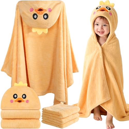Flasoo 4 Pcs Toddler Bath Towel Set, 1 Pc Toddler Hooded Towel & 3 Pcs Baby Washcloths, Large 27.5"X55" Hooded Towels Kids, Absorbent Soft Thick Toddler Towels for Boy Girl 0-5 Year (Yellow Duck) - Image 1