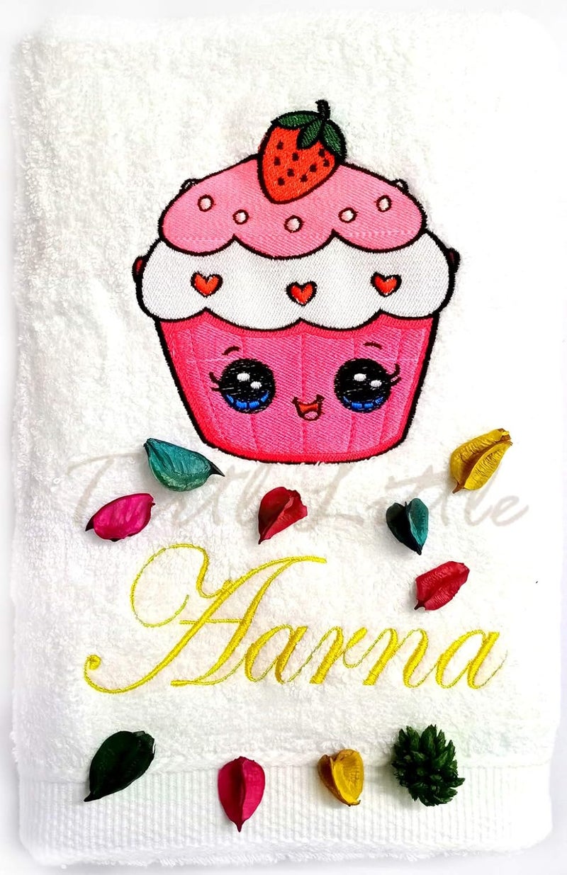 TurtleLittle Cotton Cup Cake Personalised Kids Bath Towel 500 GSM Set of 1 White - Image 1