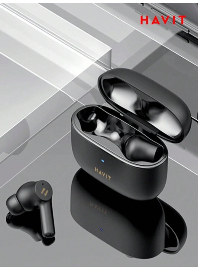 havit True Wireless Earbuds with Active Noise Cancellation (ANC), Dual Mic ENC, 10mm Dynamic Drivers, Bluetooth Earphones for Music & Calls, 55ms Low Latency Gaming Mode, Dual Device Connection, Wireless Headphones for Gaming, Stereo Sound, 16H Battery Life with Charging Case – Black - Image 1